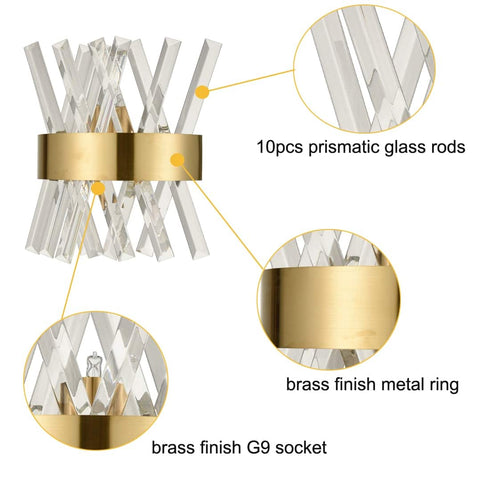 Modern Brass Crystal Wall Sconce Lighting Fixture 2 Pack