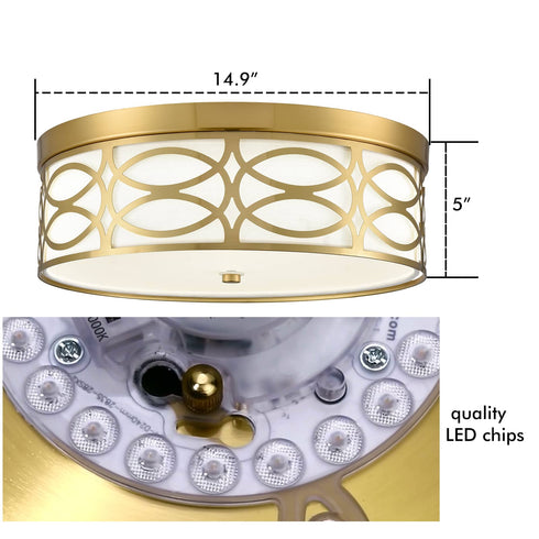 Modern Brass Dimmable LED Flush Mount Ceiling Light Black Linen Drum Shade