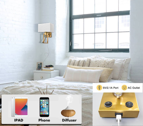 Modern Brass Fabric Wall Lamp ,USB Charging Port + LED Reading Light