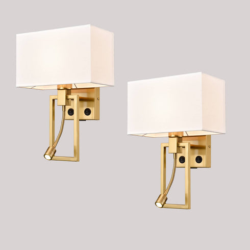 Modern Brass Fabric Wall Lamp ,USB Charging Port + LED Reading Light