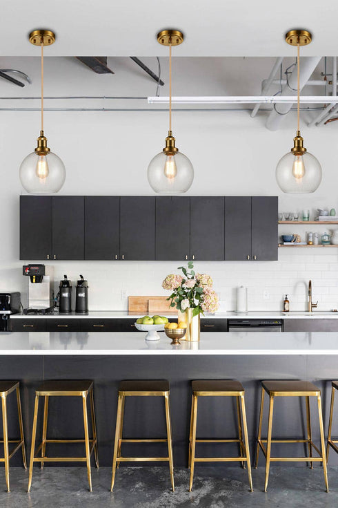 Modern Brass Globe Seeded Glass Pendant Lights Golden Finish