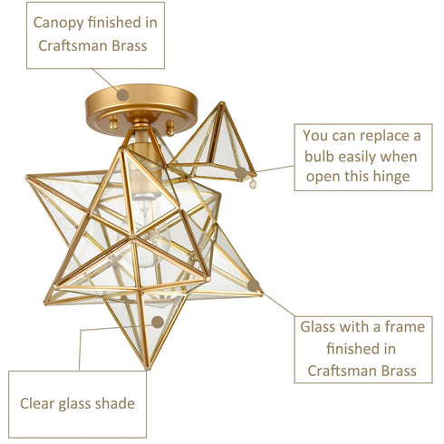 Modern Brass Moravian Star Ceiling Light with Clear Glass 12 Inches