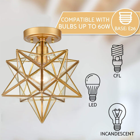 Modern Brass Moravian Star Ceiling Light with Clear Glass 12 Inches