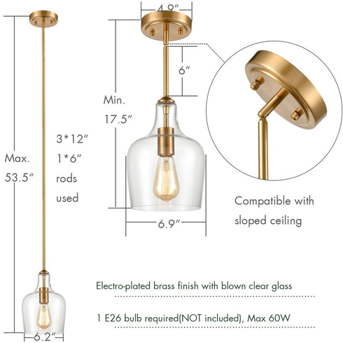 Modern Brass Glass Pendant Light for Kitchen Rod-Hung