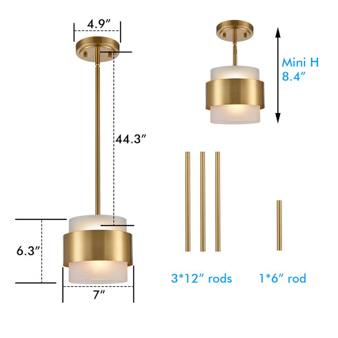 Modern Brass Pendant Light with Frosted Glass Shade Hanging Rod