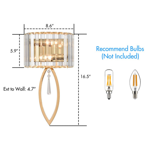 Modern Brass Wall Sconce 2 Light Crystal Bar Wall Lamp Dimmable