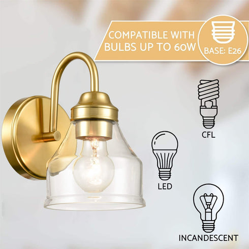 Modern Brass Wall Sconce Bathroom Light Fixture with Clear Glass Shade