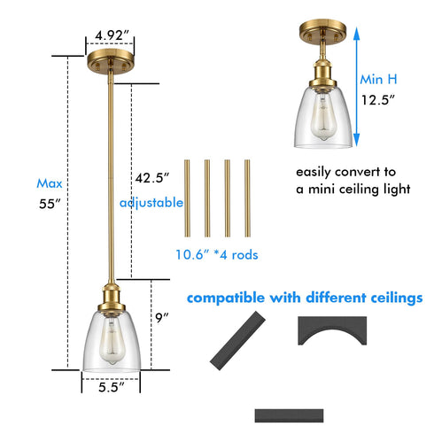 Modern Brass Mini Stem Pendant Light Glass Kitchen Fixture