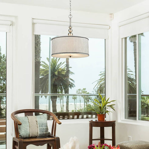 Modern Brushed Nickel Pendant Chandelier Fabric Drum Shade