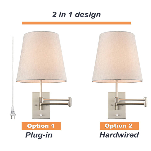 Modern Brushed Nickel Plug-in or hardwired Swing Arm Wall Lamp with Fabric Shade Set of 2