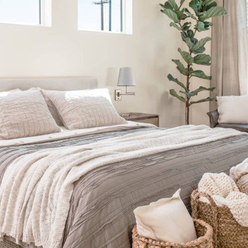 Modern Brushed Nickel Plug-in or hardwired Swing Arm Wall Lamp with Fabric Shade Set of 2