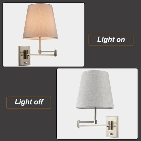 Modern Brushed Nickel Plug-in or hardwired Swing Arm Wall Lamp with Fabric Shade Set of 2