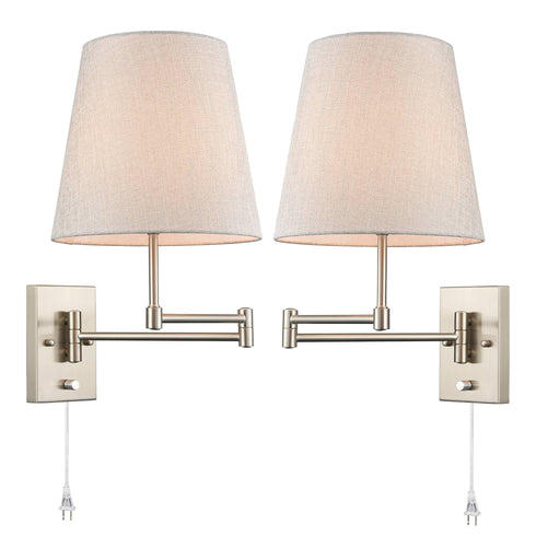 Modern Brushed Nickel Plug-in or hardwired Swing Arm Wall Lamp with Fabric Shade Set of 2