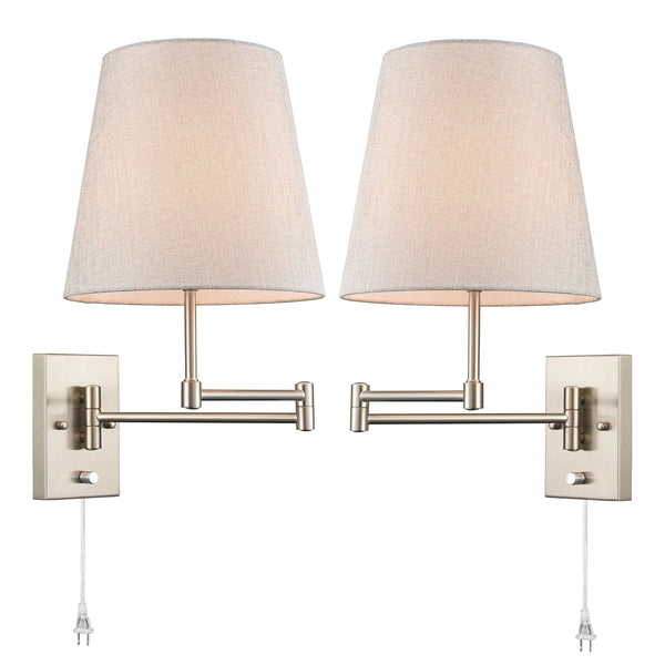 Modern Brushed Nickel Plug-in or hardwired Swing Arm Wall Lamp with Fabric Shade Set of 2