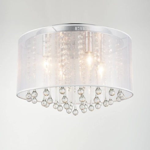 Modern Chrome Flush Mount Drum Shade 4 Lights Crystal Ceiling Light