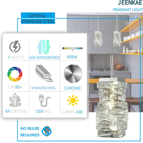 Modern Crystal Pendant Light Chrome Rod-Hung, LED 7W, 4000K