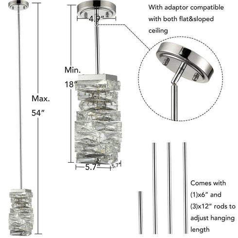 Modern Crystal Pendant Light Chrome Rod-Hung, LED 7W, 4000K