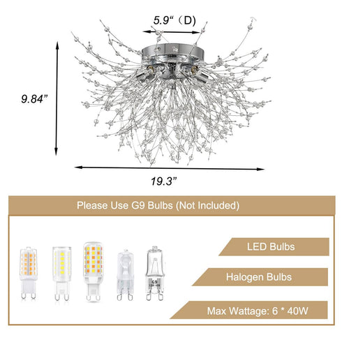 Modern Crystal Sputnik Ceiling Light 5-Light Firework Chrome