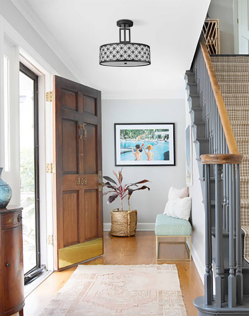 Modern Drum Black Metal with Linen Shade LED Dimmable Semi Flush Mount Ceiling Light Fixture