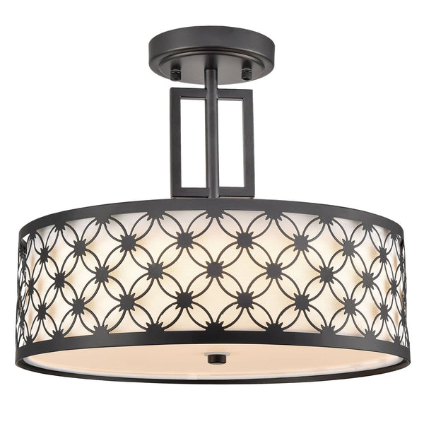 Modern Drum Black Metal with Linen Shade LED Dimmable Semi Flush Mount Ceiling Light Fixture