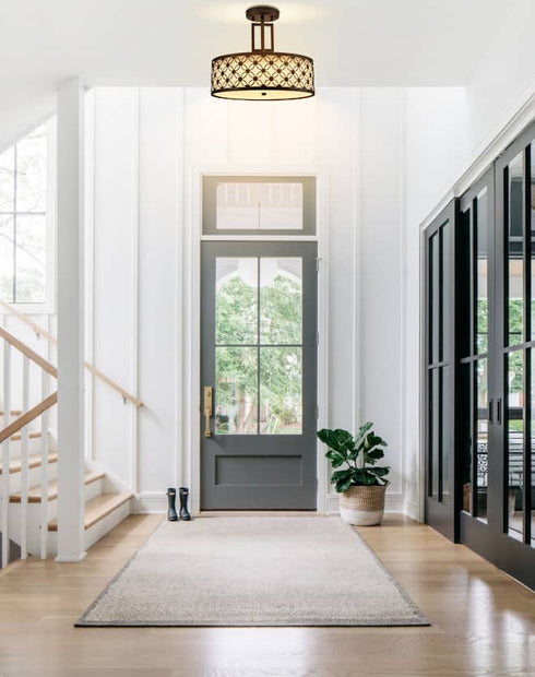 Modern Drum Black Metal with Linen Shade LED Dimmable Semi Flush Mount Ceiling Light Fixture