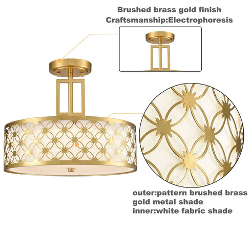 Modern Drum Brass Gold with Linen Shade LED Dimmable Semi Flush Mount Ceiling Light Fixture