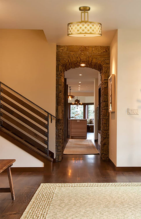 Modern Drum Brass Gold with Linen Shade LED Dimmable Semi Flush Mount Ceiling Light Fixture