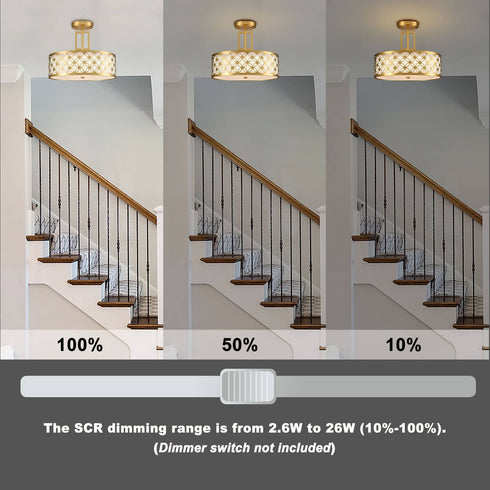 Modern Drum Brass Gold with Linen Shade LED Dimmable Semi Flush Mount Ceiling Light Fixture