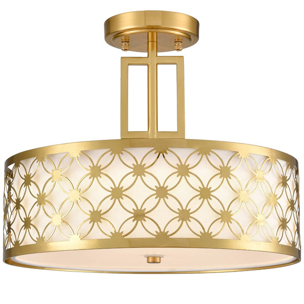 Modern Drum Brass Gold with Linen Shade LED Dimmable Semi Flush Mount Ceiling Light Fixture