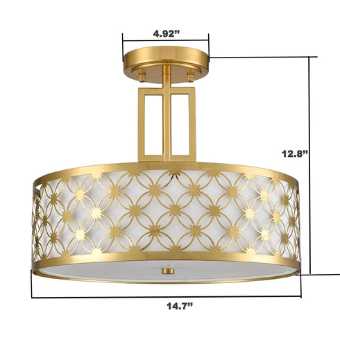 Modern Drum Brass Gold with Linen Shade LED Dimmable Semi Flush Mount Ceiling Light Fixture