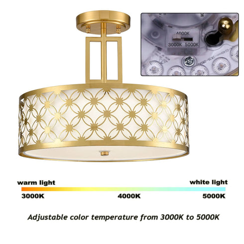 Modern Drum Brass Gold with Linen Shade LED Dimmable Semi Flush Mount Ceiling Light Fixture