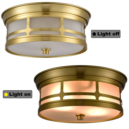 Modern 2-light Drum Gold Metal with Matt Glass Flush Mount Ceiling Light Fixture
