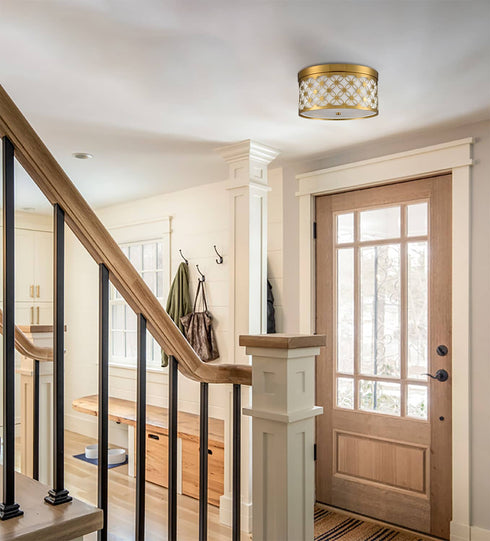 Modern 11'' Round Drum Shade Brushed Gold Dimmable LED Ceiling Light Hallway Light Fixtures