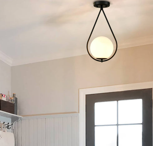 Modern Globe Opal Glass Semi Flush Ceiling Light, Black