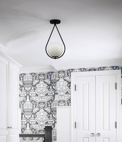 Modern Globe Opal Glass Semi Flush Ceiling Light, Black