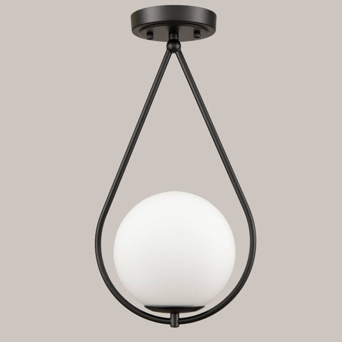 Modern Globe Opal Glass Semi Flush Ceiling Light, Black