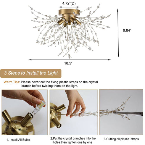 Modern Gold Crystal Sputnik Semi Flush Ceiling Light 4-Light