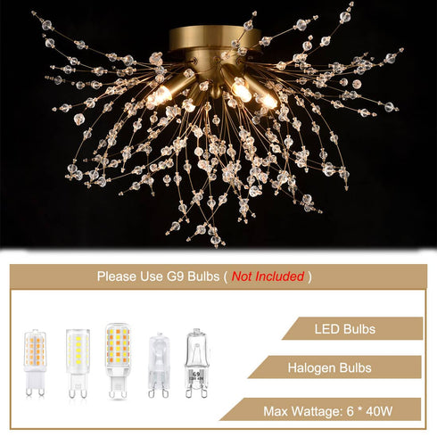 Modern Gold Crystal Sputnik Semi Flush Ceiling Light 4-Light