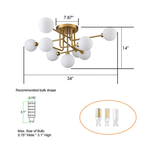 Modern Gold Flush Mount Ceiling Chandelier 9 Light Glass Globe