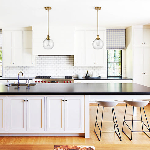 Modern Gold Glass Globe Pendant Light for Kitchen Rod-Hung