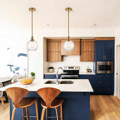 Modern Gold Glass Globe Pendant Light for Kitchen Rod-Hung