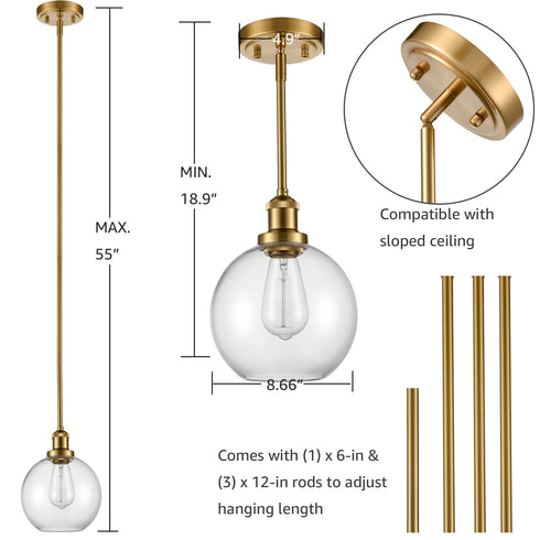 Modern Gold Glass Globe Pendant Light for Kitchen Rod-Hung