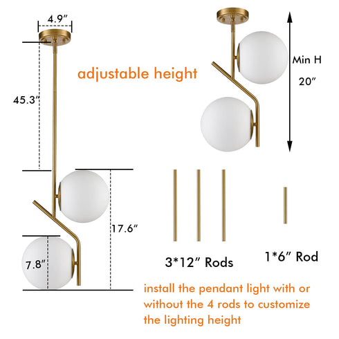 Modern Gold Kitchen Pendant Light with Milk Glass Globe 2 Light