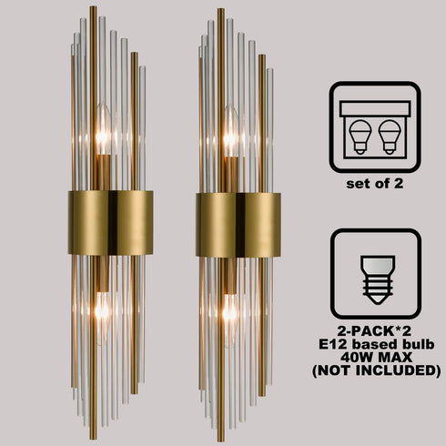 Modern Gold Metal Wall Sconce with Beautiful Crystal Clear Glass Rods for Bathroom Set of 2