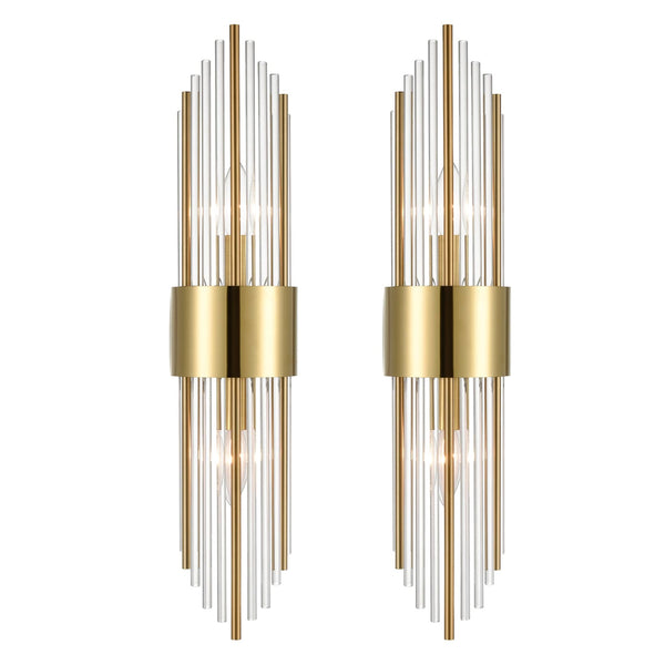 Modern Gold Metal Wall Sconce with Beautiful Crystal Clear Glass Rods for Bathroom Set of 2