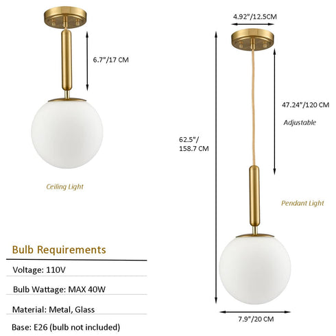 Modern Gold Pendant Lighting for Kitchen Island Globe Milky Glass 8 Inch