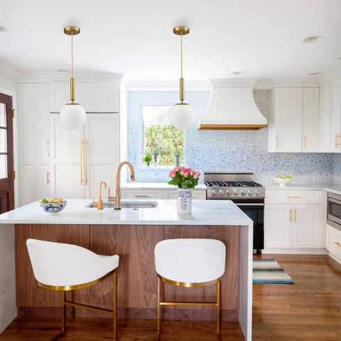 Modern Gold Pendant Lighting for Kitchen Island Globe Milky Glass 8 Inch