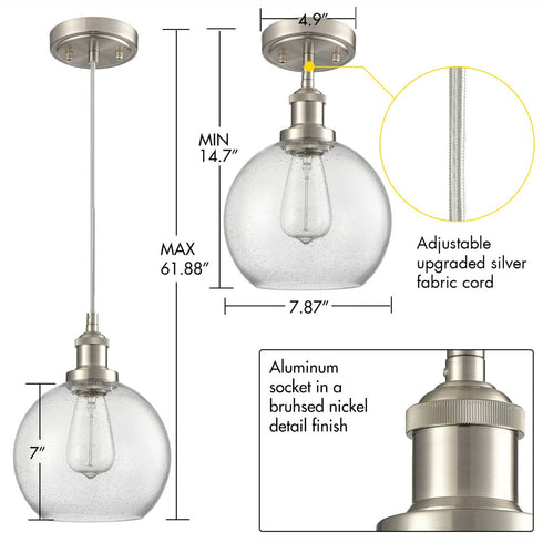 Modern Kitchen Glass Globe Pendant Light Brushed Nickel