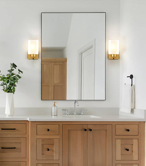 Modern Milky White Glass Gold Rounded rectangle Vanity Wall Sconces Fixtures Set of 2