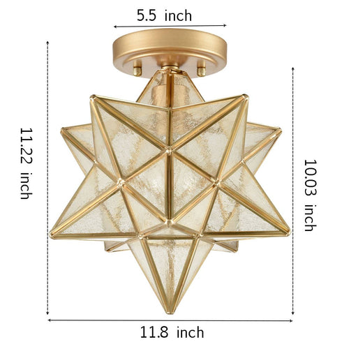 Modern Moravian Star Ceiling Light with Seeded Glass 12 inches Brass